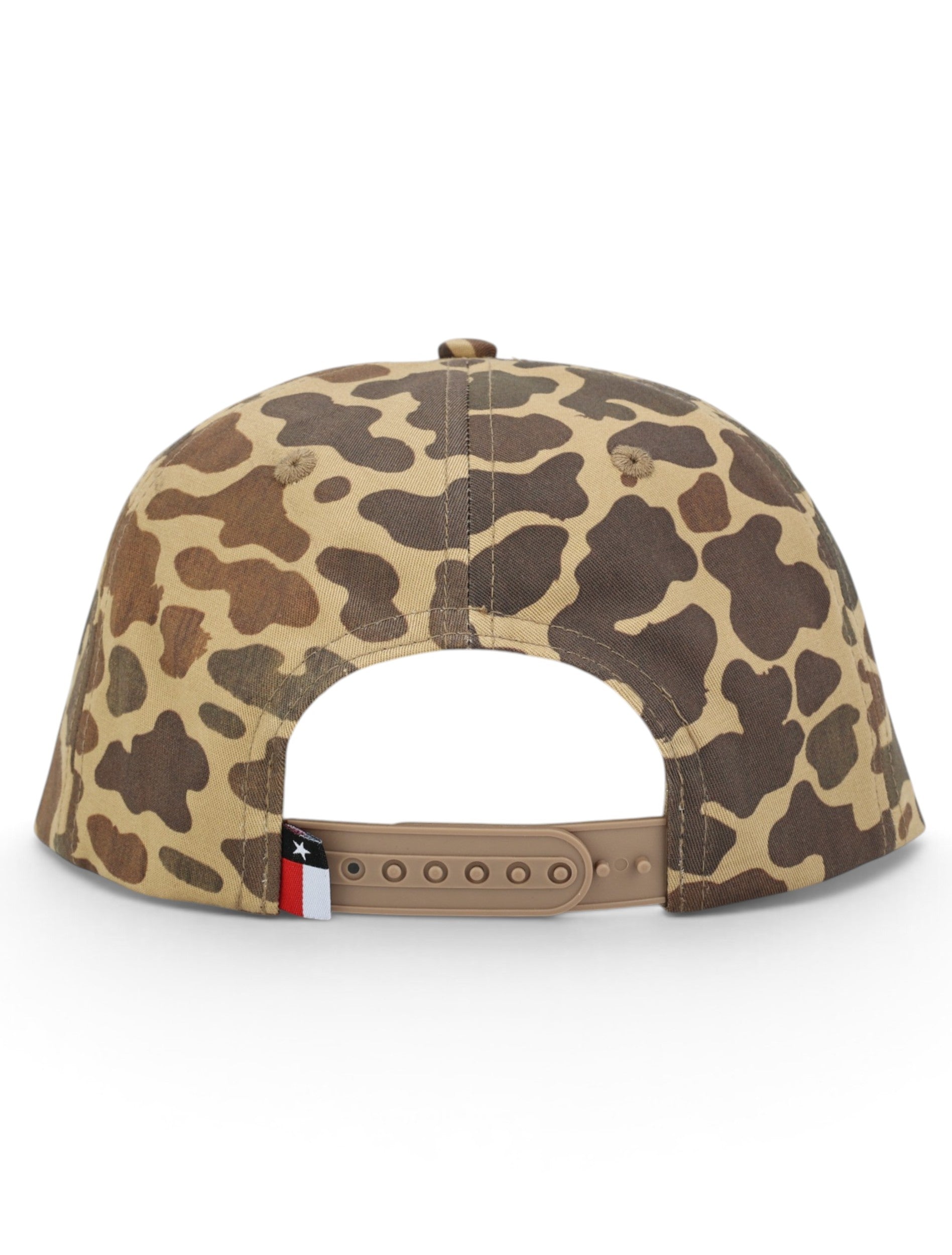 Back of the camo Texas Tech cap showing the old school duck camo print, the snapback strap and the Texas flag tab