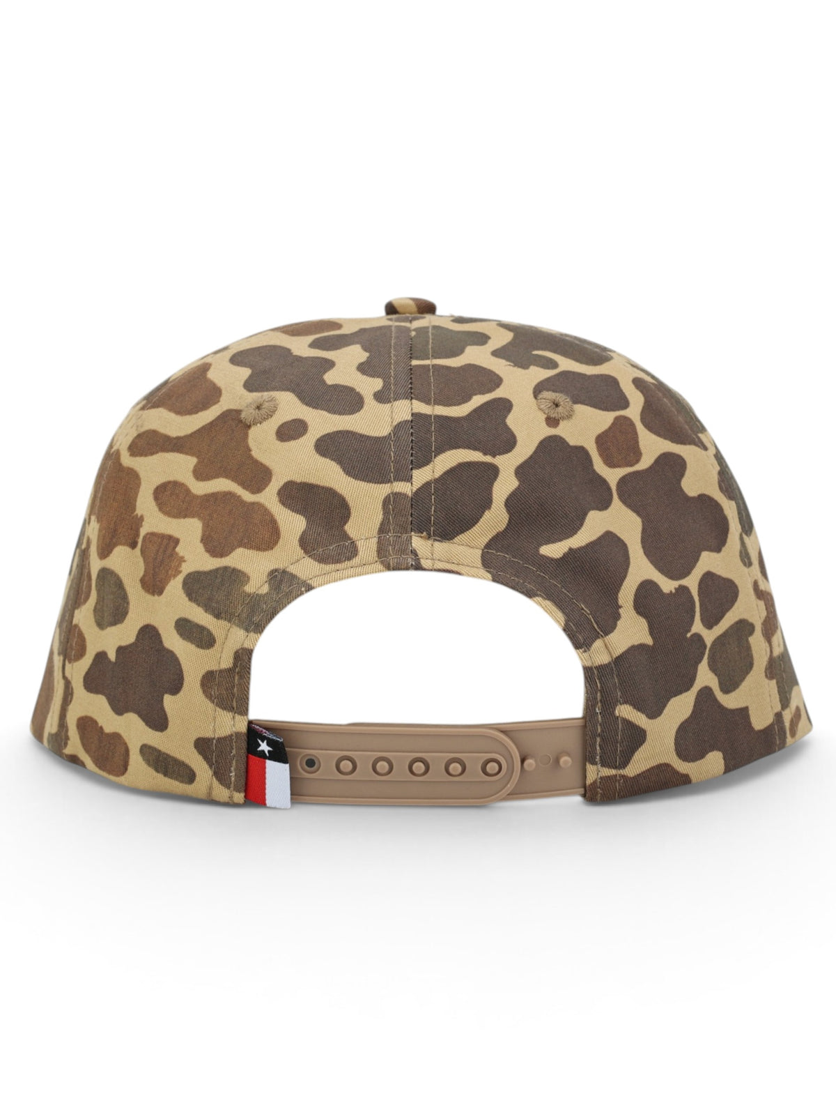 Back of the camo Texas Tech cap showing the old school duck camo print, the snapback strap and the Texas flag tab