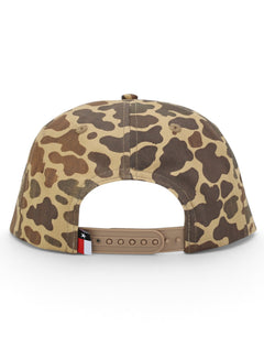 Back of the camo Texas Tech cap showing the old school duck camo print, the snapback strap and the Texas flag tab