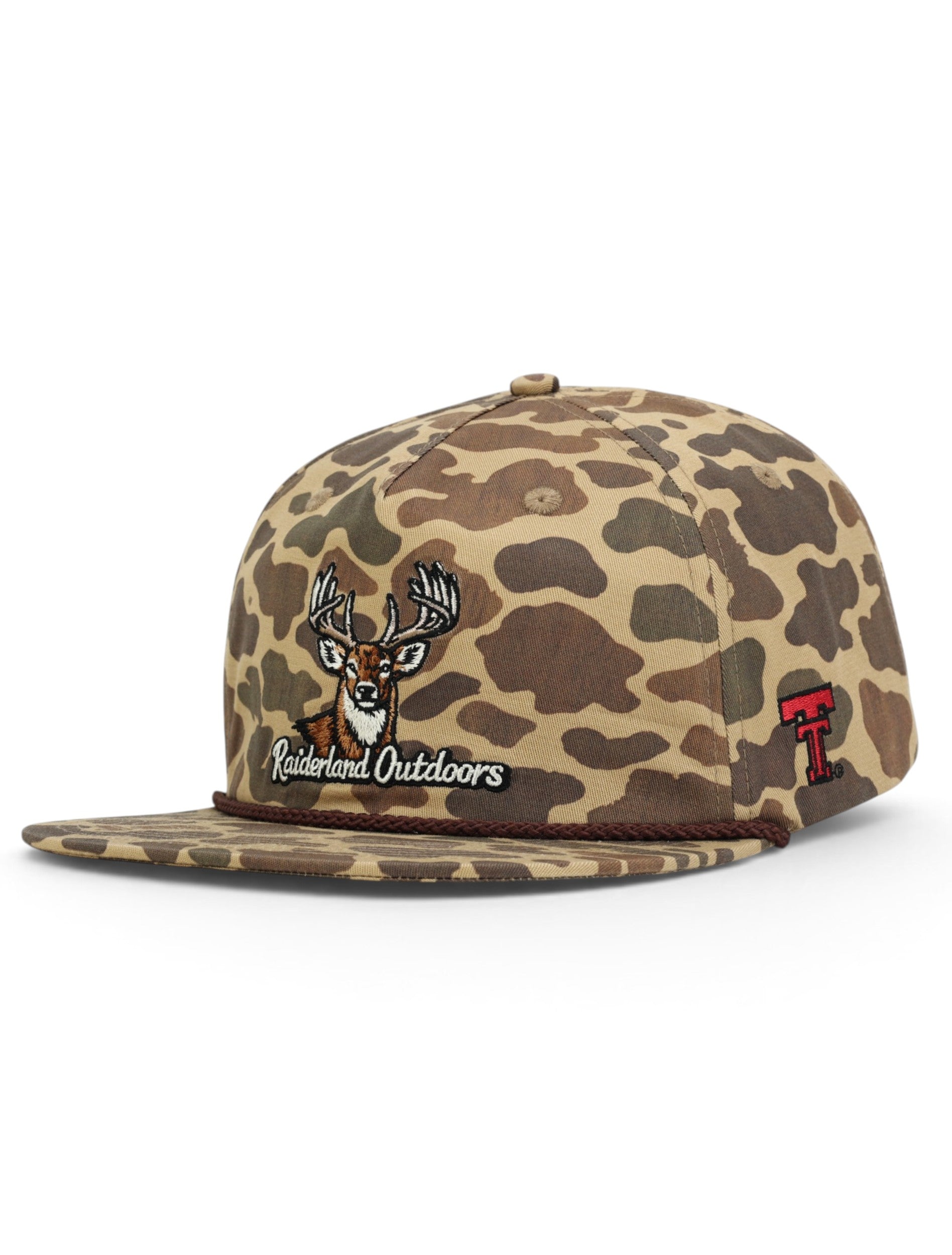 Camo Texas Tech rope cap at an angle, with a whitetail buck and Raiderland Outdoors across the front