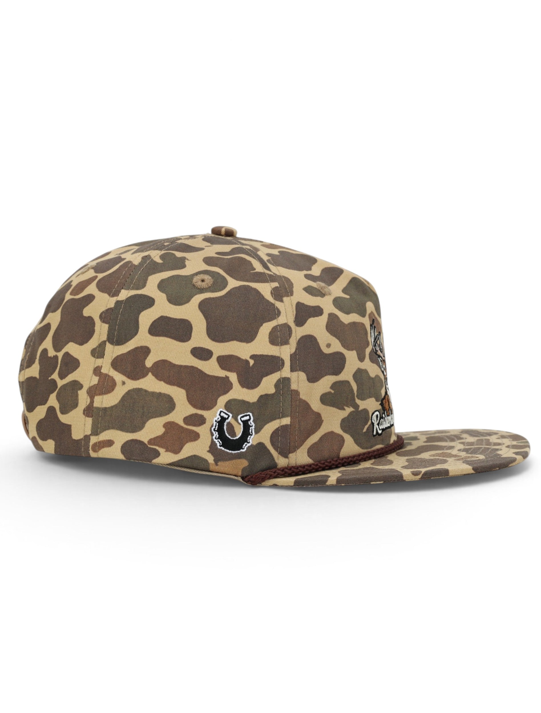 Opposite side of the camo Texas Tech cap showing the Dark Horse horseshoe on the panel