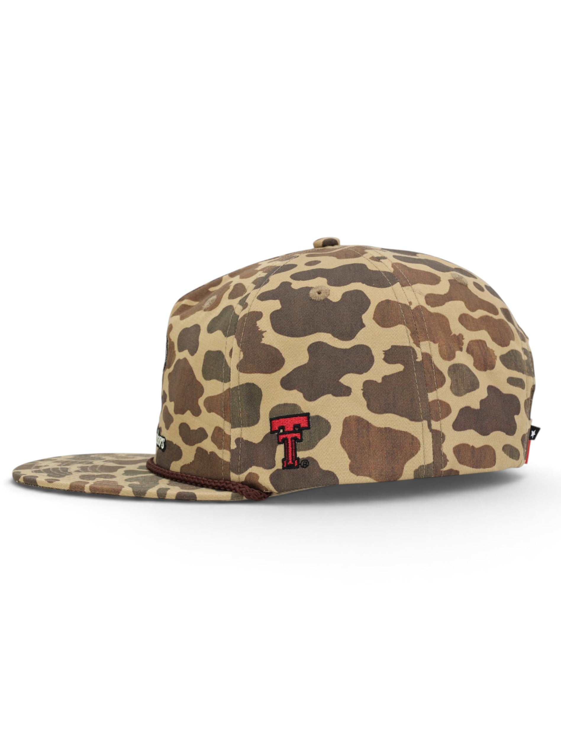Side of the camo Texas Tech cap showing the embroidered red Double T on the panel