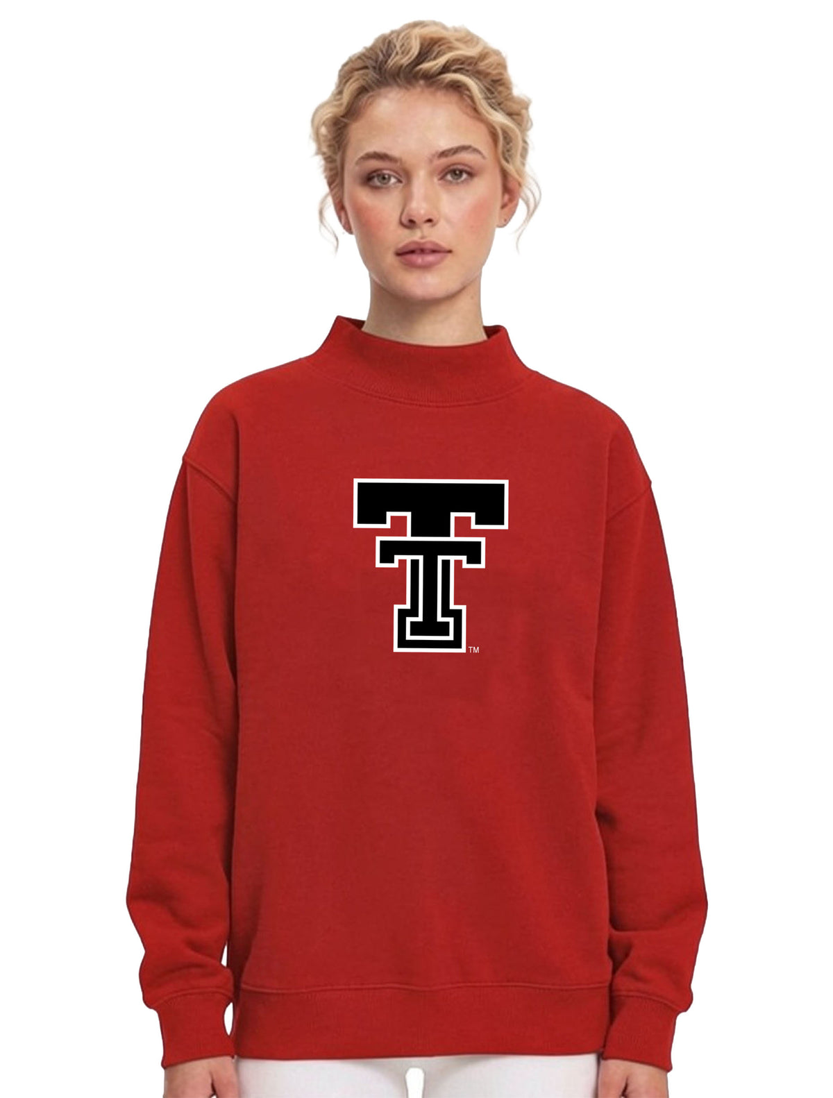 Model wearing the Dark Horse Texas Tech Vault Double T red mock neck sweatshirt