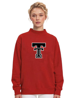 Model wearing the Dark Horse Texas Tech Vault Double T red mock neck sweatshirt