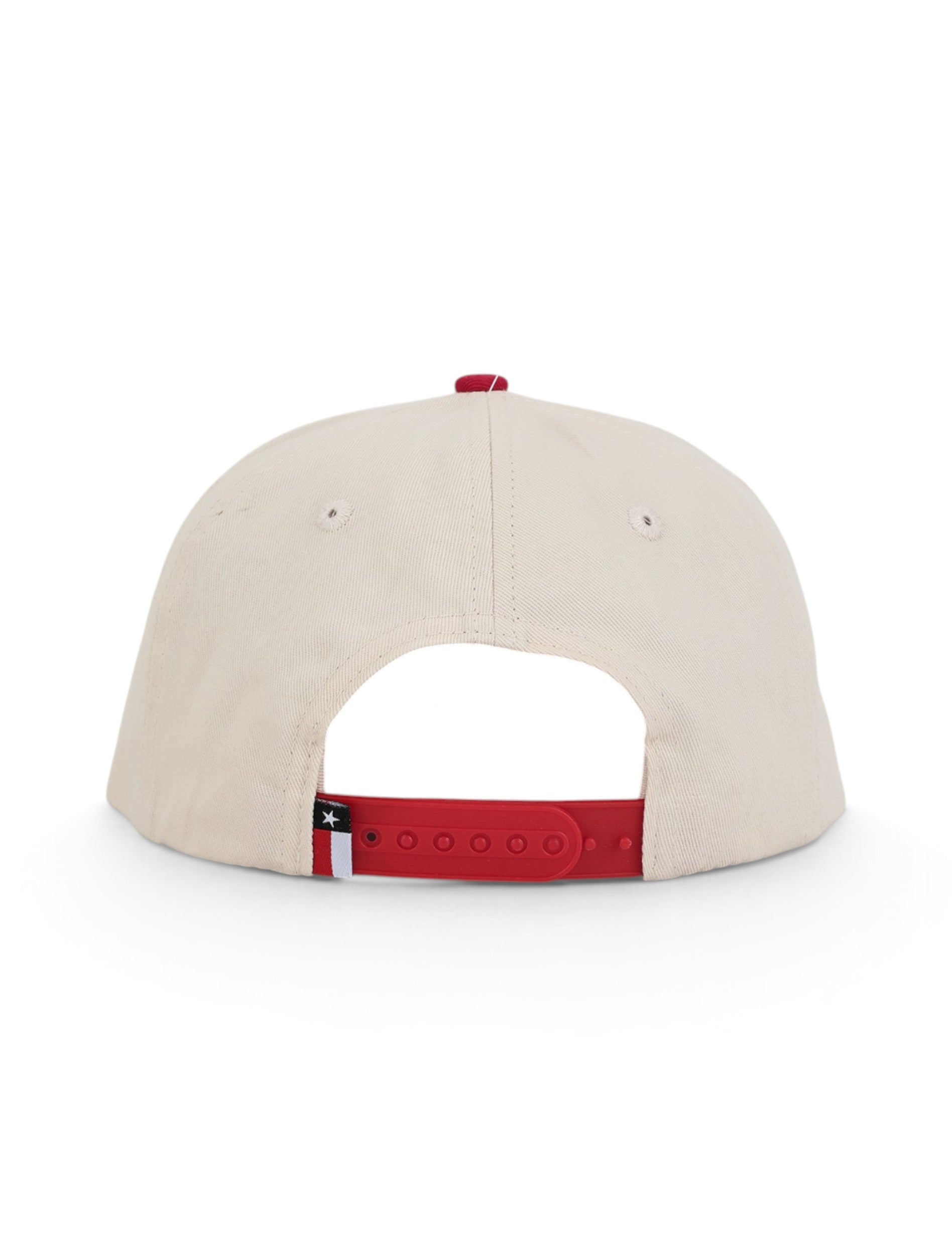 Back of the tan Texas Tech cap showing the red snapback strap and the Texas flag tab