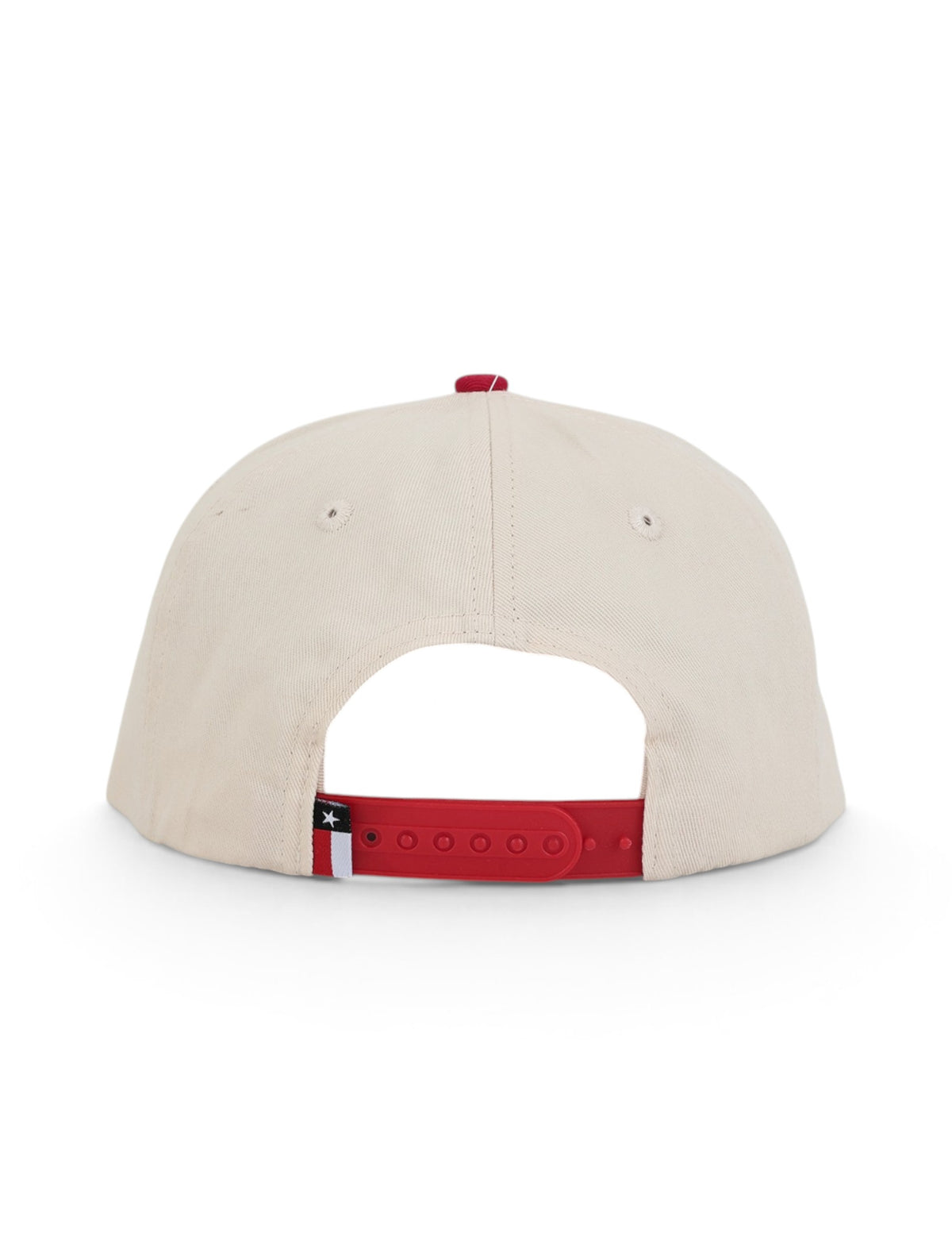 Back of the tan Texas Tech cap showing the red snapback strap and the Texas flag tab