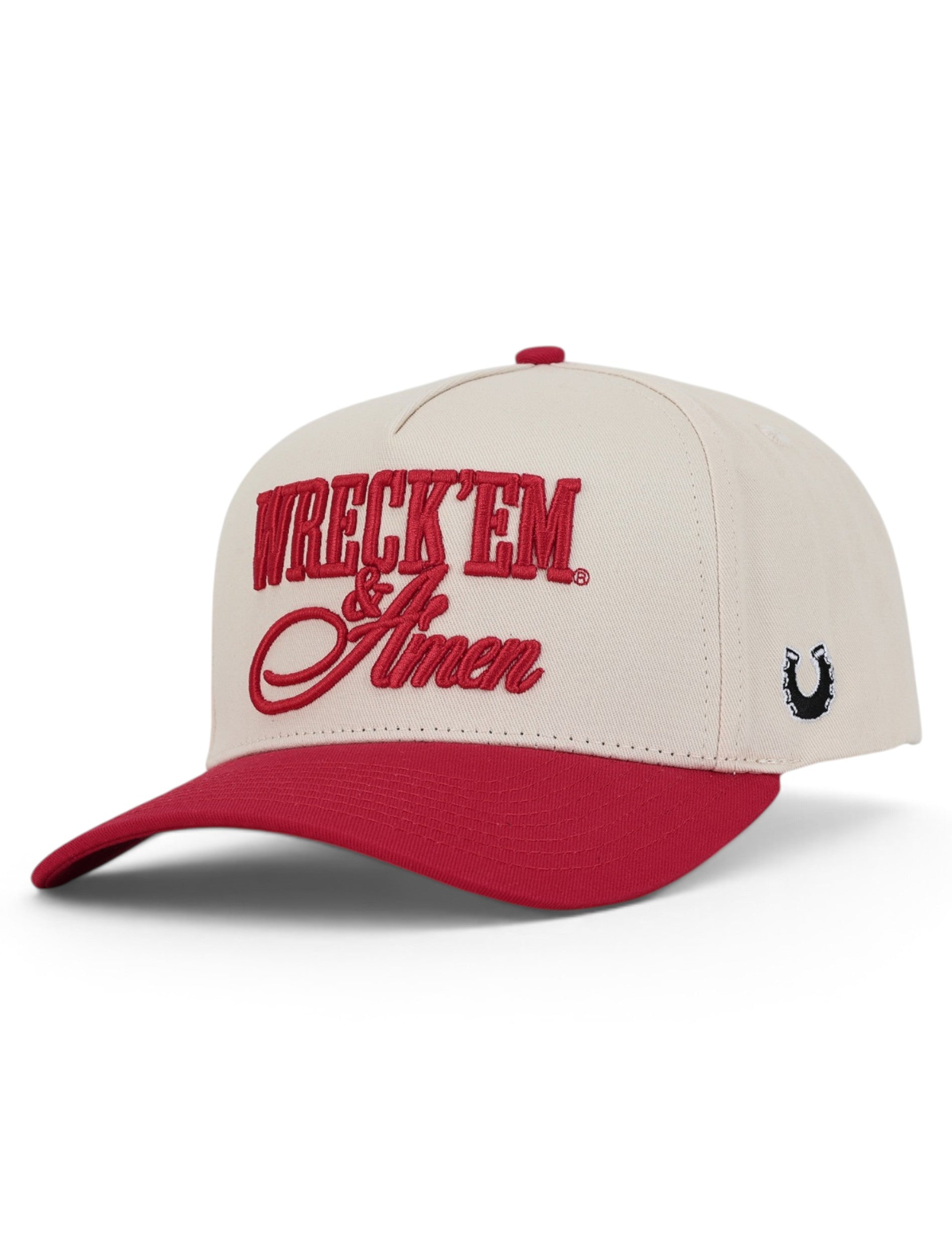 Tan Texas Tech snapback cap at an angle, with Wreck Em and Amen in red across the front and a red brim