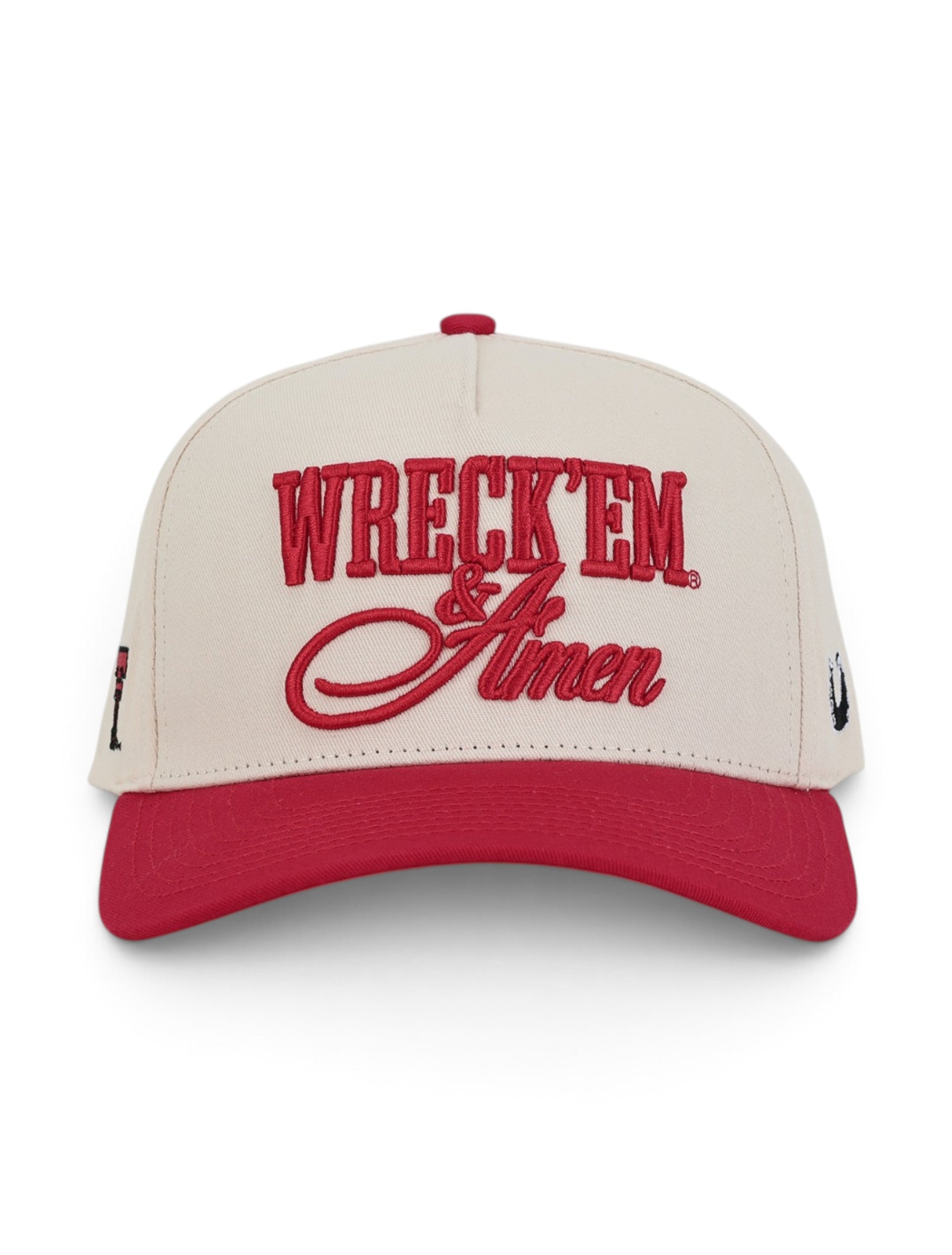 Front of the tan Texas Tech cap showing WRECK EM in red block letters above Amen in a red script