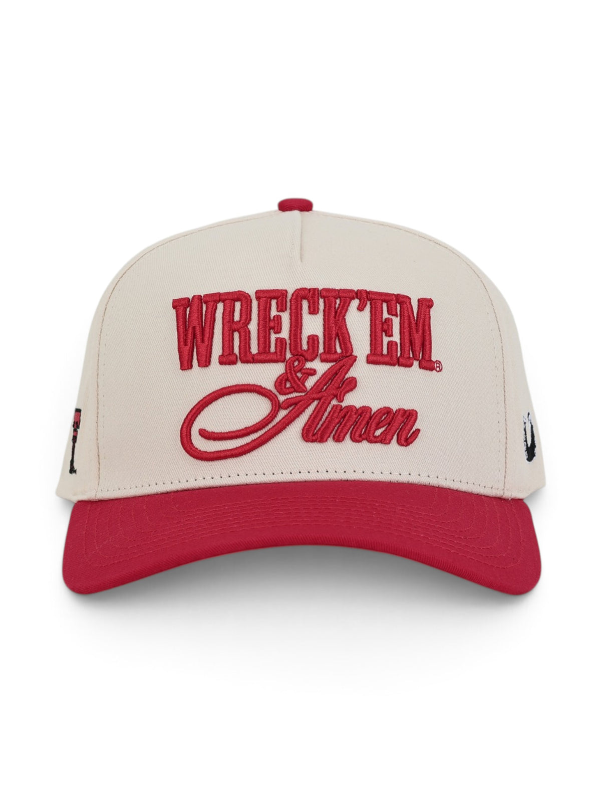 Front of the tan Texas Tech cap showing WRECK EM in red block letters above Amen in a red script