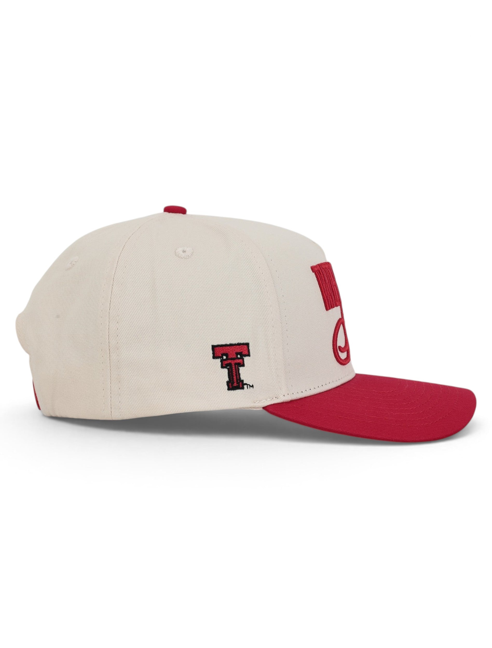 Opposite side of the tan Texas Tech cap showing the embroidered red Double T on the panel