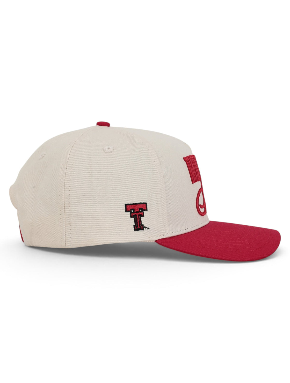 Opposite side of the tan Texas Tech cap showing the embroidered red Double T on the panel