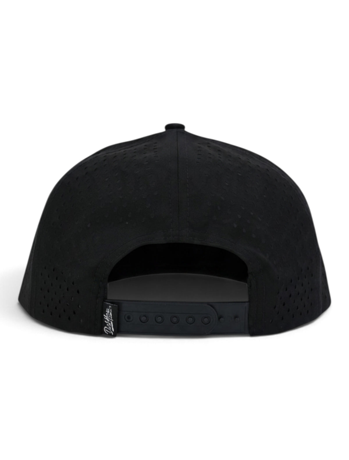 Back view of the Double Eagle black rope cap showing the perforated panels, adjustable snapback strap and Dark Horse woven tag