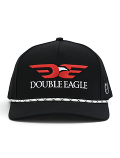 Front view of the Double Eagle black rope cap showing the red and white Double Eagle logo and wordmark above the white and black rope