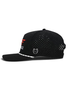 Side view of the Double Eagle black rope cap showing the Dark Horse horseshoe embroidered on the side panel