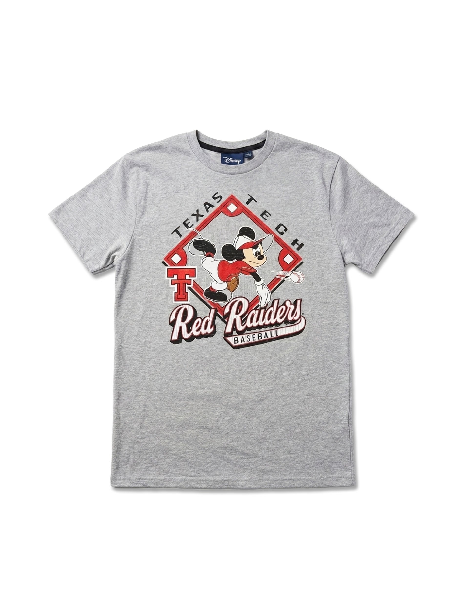 Heather grey youth t-shirt with Mickey Mouse pitching in a red and white Texas Tech Red Raiders baseball uniform inside a red diamond, with the Double T and “Red Raiders Baseball” script
