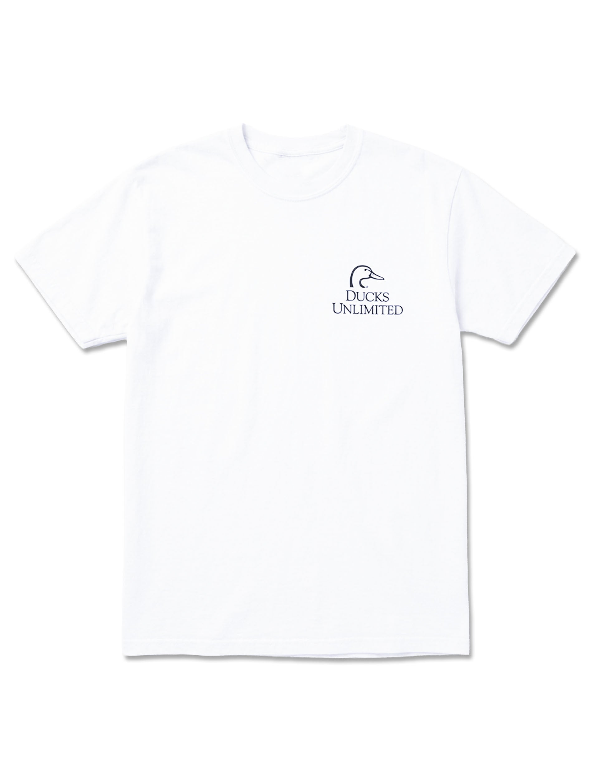 Front of the white Ducks Unlimited Texas Tech tee with the Ducks Unlimited duck head logo at the left chest
