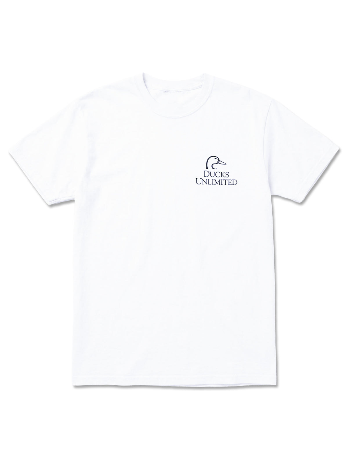 Front of the white Ducks Unlimited Texas Tech tee with the Ducks Unlimited duck head logo at the left chest
