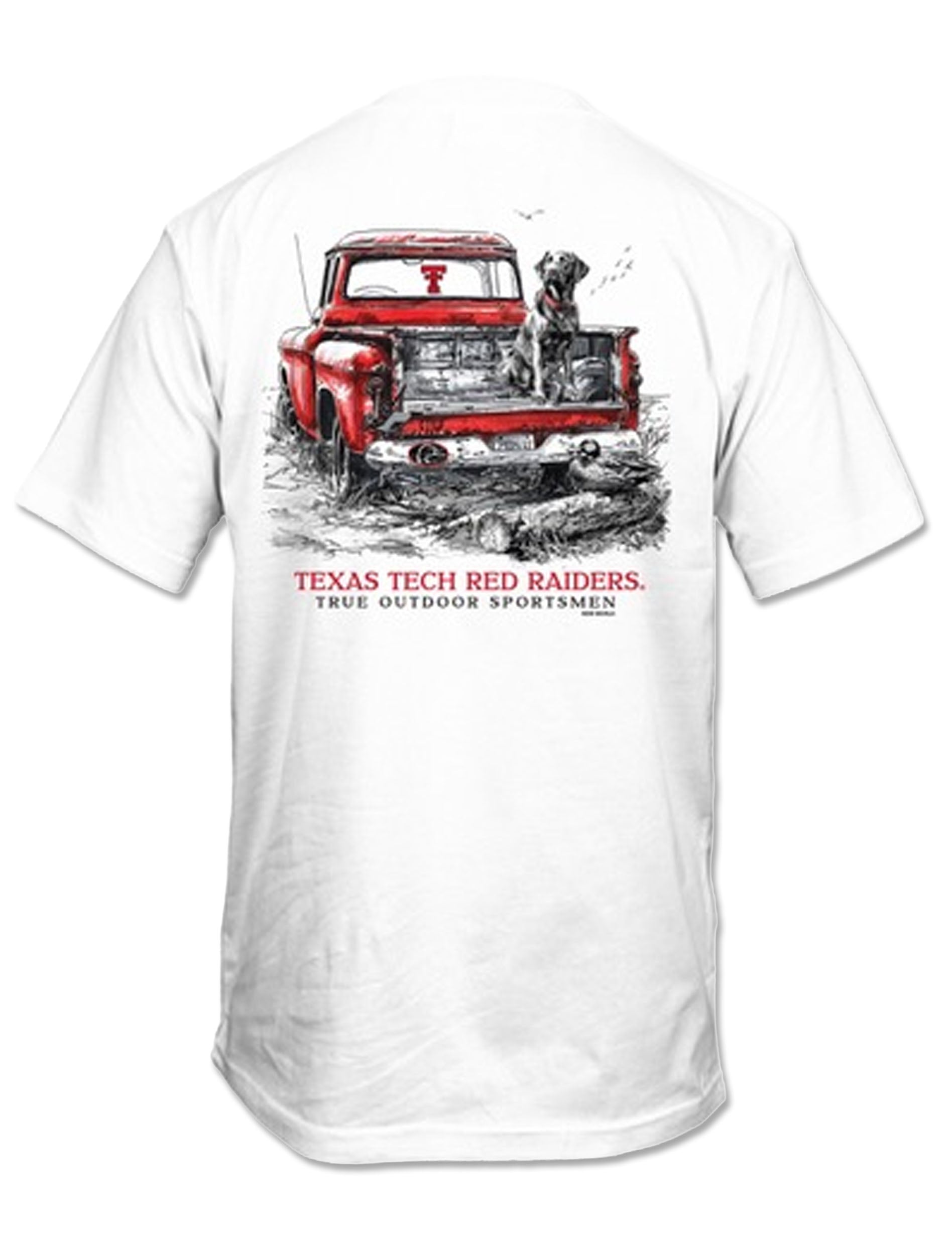Back of the white Ducks Unlimited Texas Tech tee with a red pickup truck and black lab graphic above Texas Tech Red Raiders and True Outdoor Sportsmen