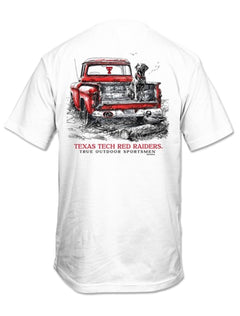 Back of the white Ducks Unlimited Texas Tech tee with a red pickup truck and black lab graphic above Texas Tech Red Raiders and True Outdoor Sportsmen