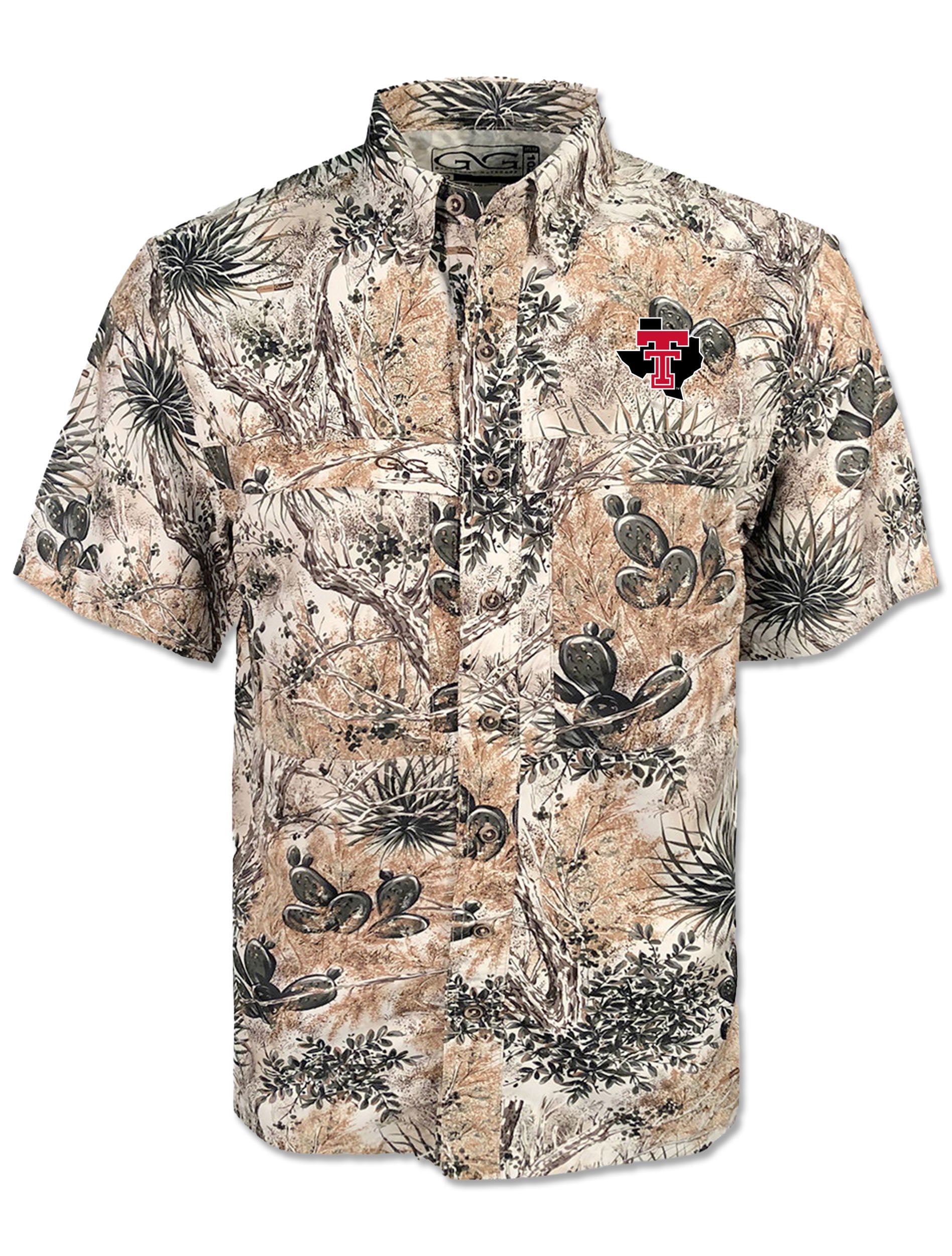 Gameguard Texas Tech camo fishing shirt in West Texas camo with prickly pear and yucca, Double T over Texas embroidered on the left chest
