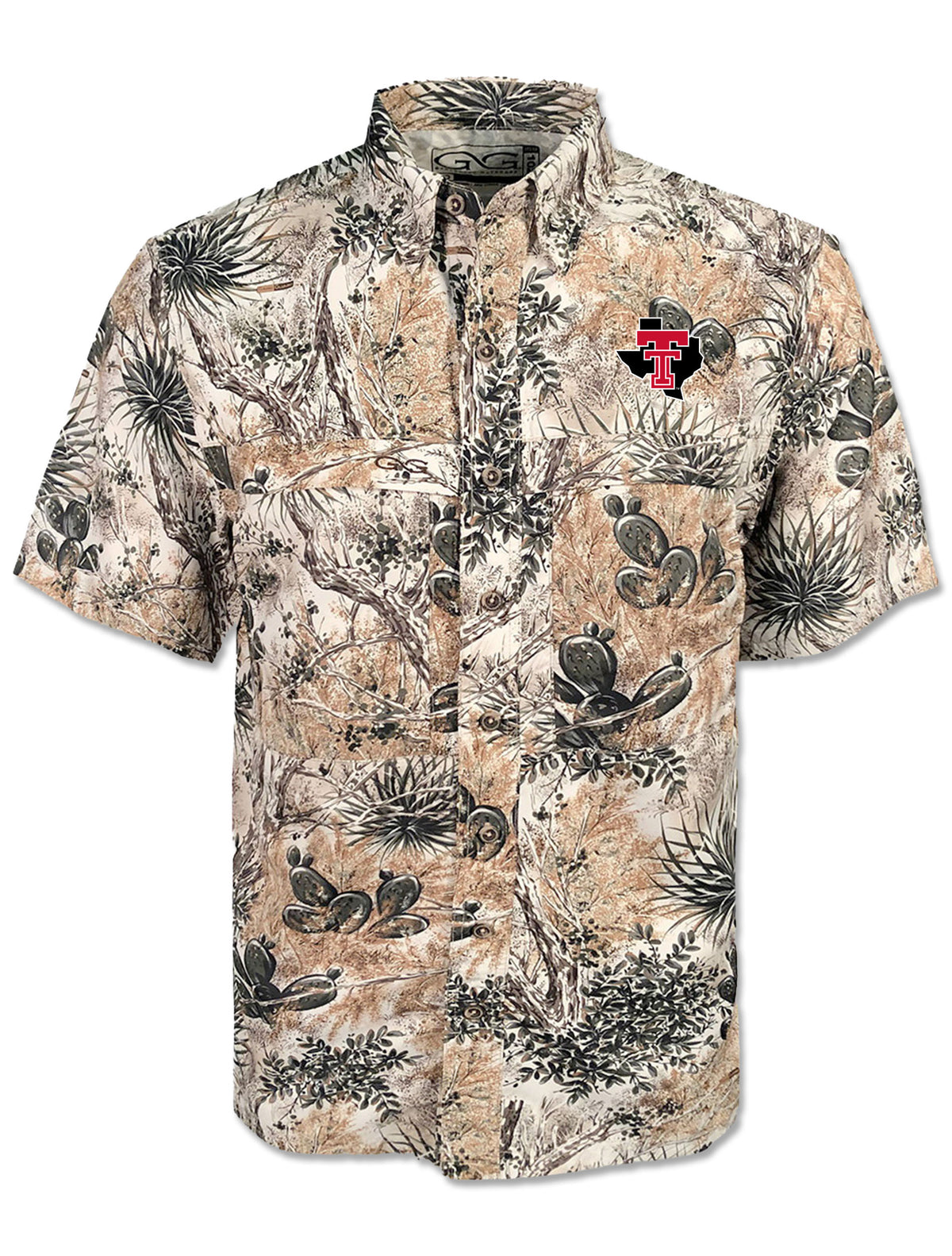 Gameguard Texas Tech camo fishing shirt in West Texas camo with prickly pear and yucca, Double T over Texas embroidered on the left chest
