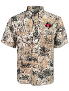 Gameguard Texas Tech camo fishing shirt in West Texas camo with prickly pear and yucca, Double T over Texas embroidered on the left chest