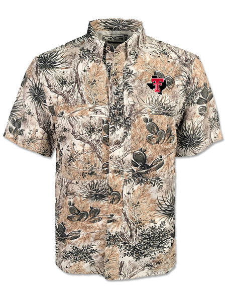Gameguard Texas Tech camo fishing shirt in West Texas camo with prickly pear and yucca, Double T over Texas embroidered on the left chest