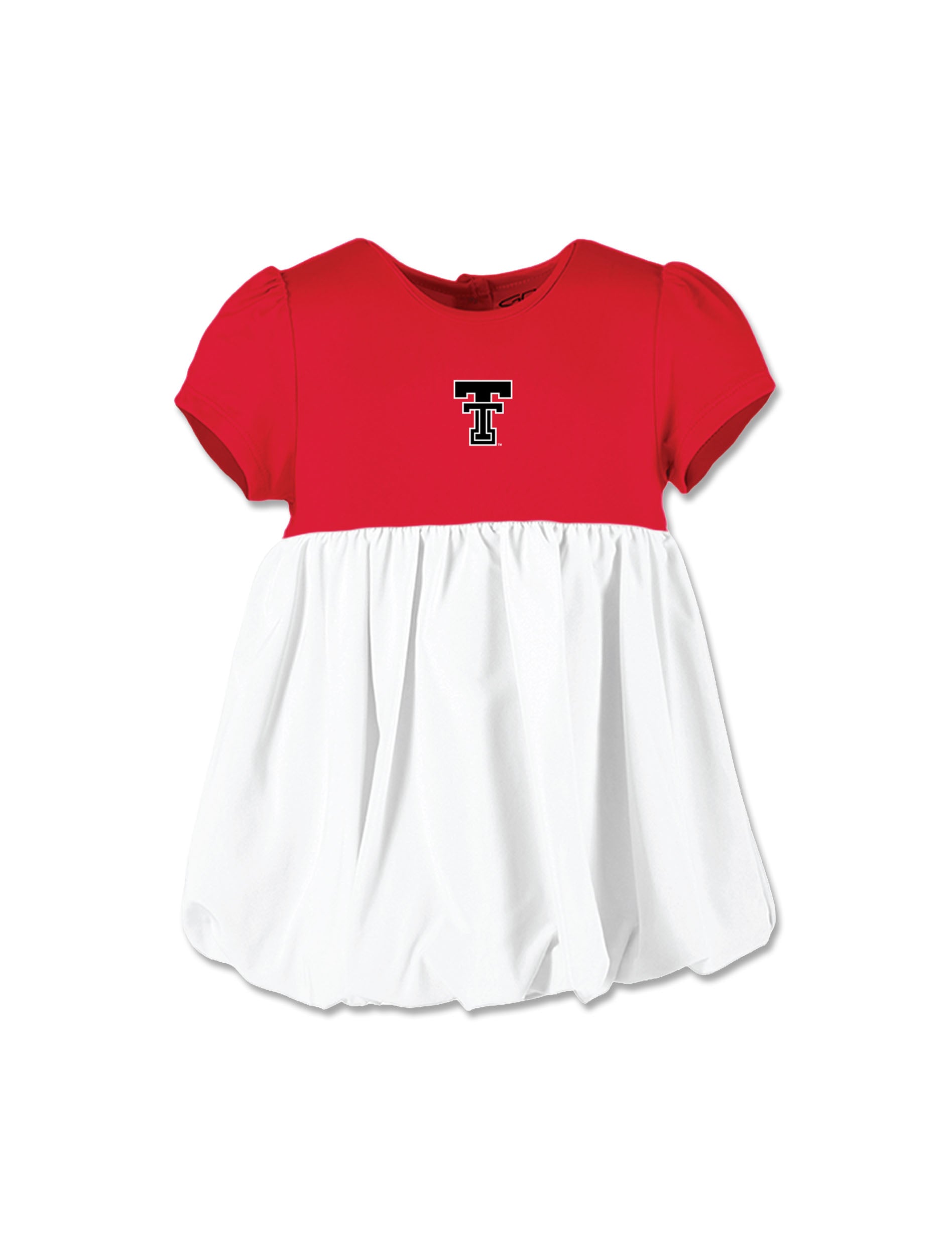 Infant dress with a red puff sleeve bodice, a Double T centered on the chest, and a full white bubble skirt
