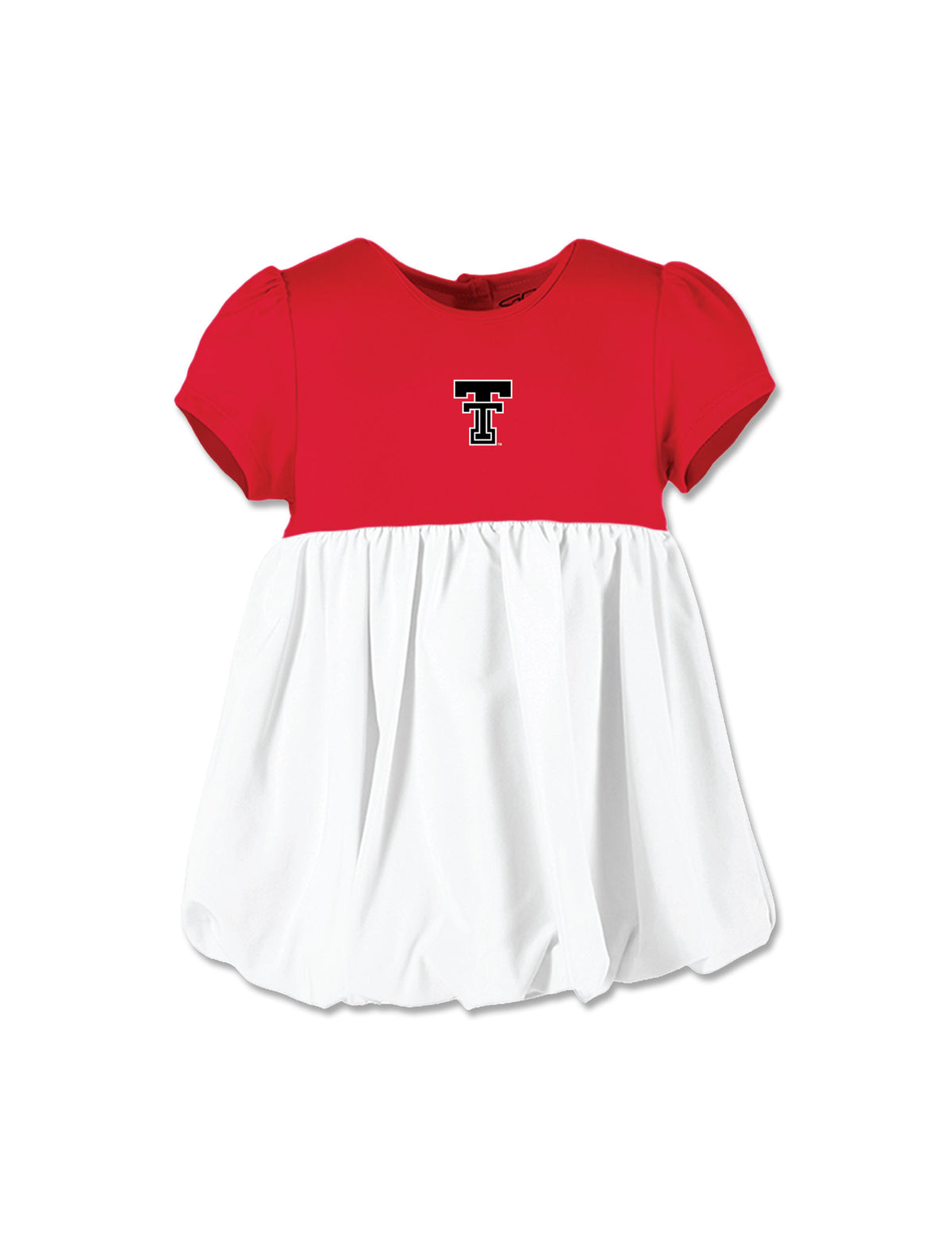 Infant dress with a red puff sleeve bodice, a Double T centered on the chest, and a full white bubble skirt