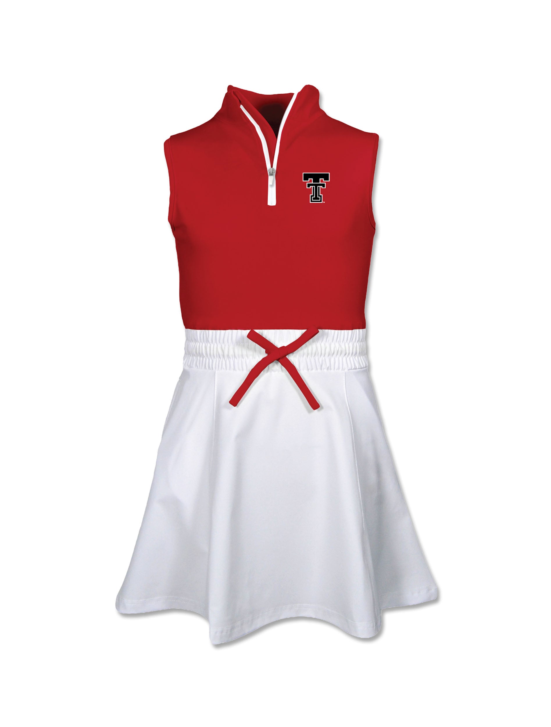 Toddler dress with a red sleeveless quarter zip mock neck bodice, a Double T on the left chest, and a white flared skirt with a red tie bow at the waist