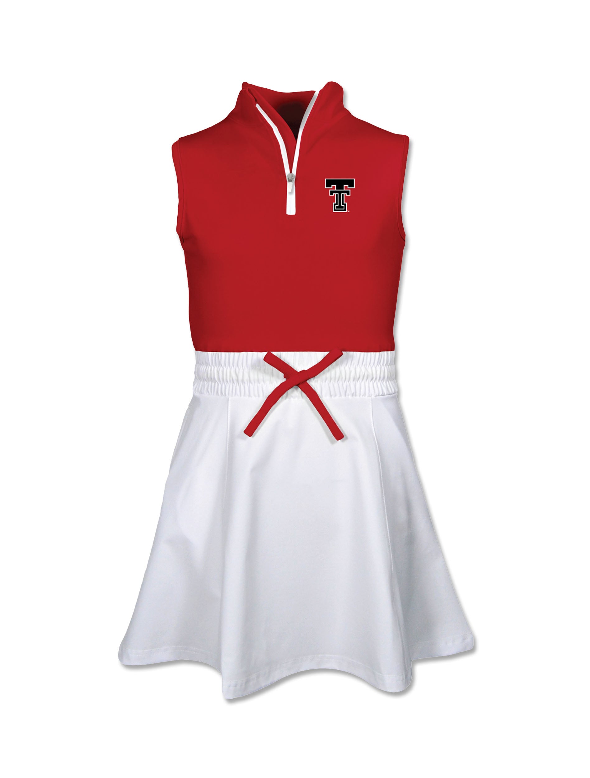 Youth dress with a red sleeveless quarter zip mock neck bodice, a Double T on the left chest, and a white flared skirt with a red tie bow at the waist