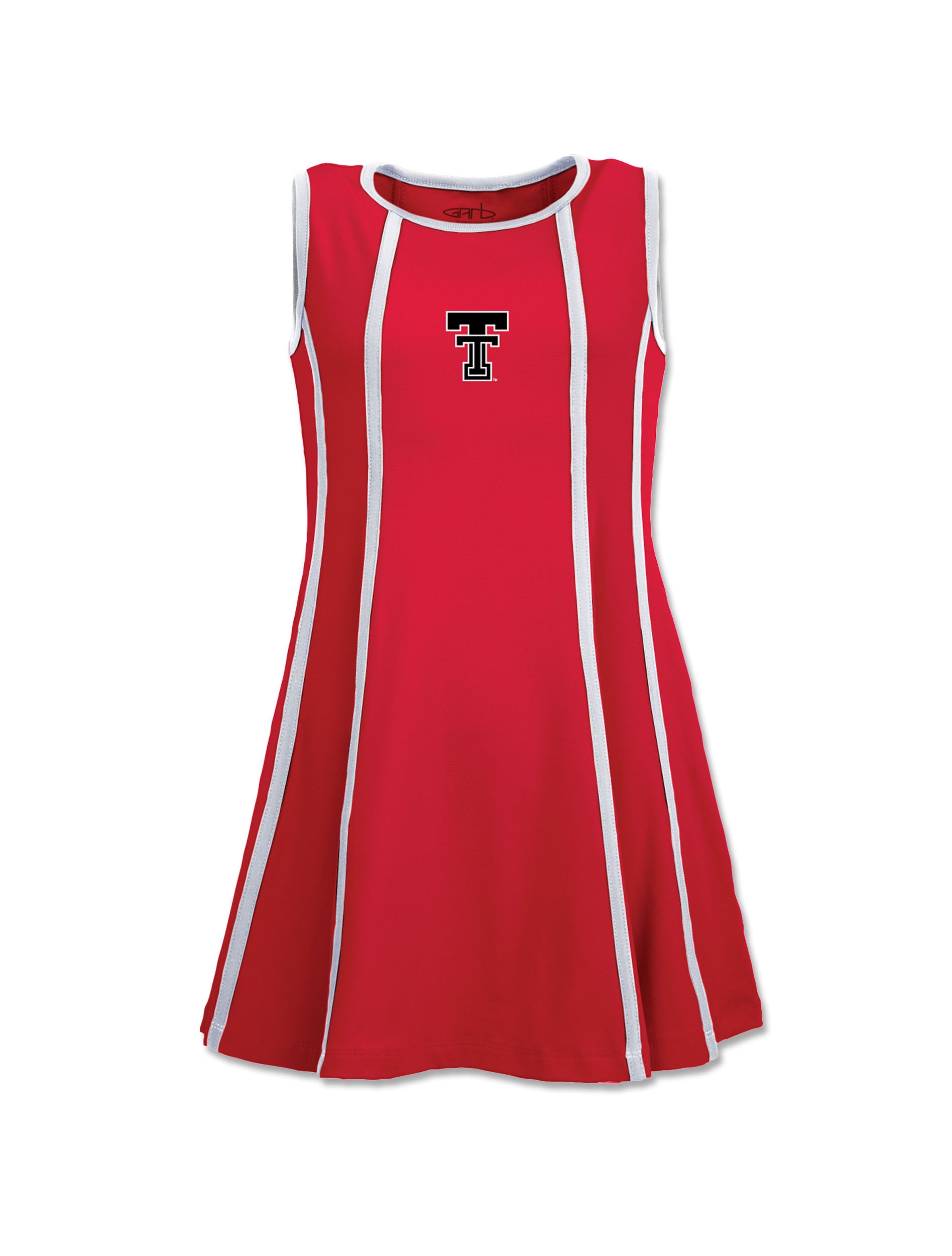 Garb Texas Tech toddler dress in red, sleeveless A line with white piping down the front seams and a Double T at the center chest