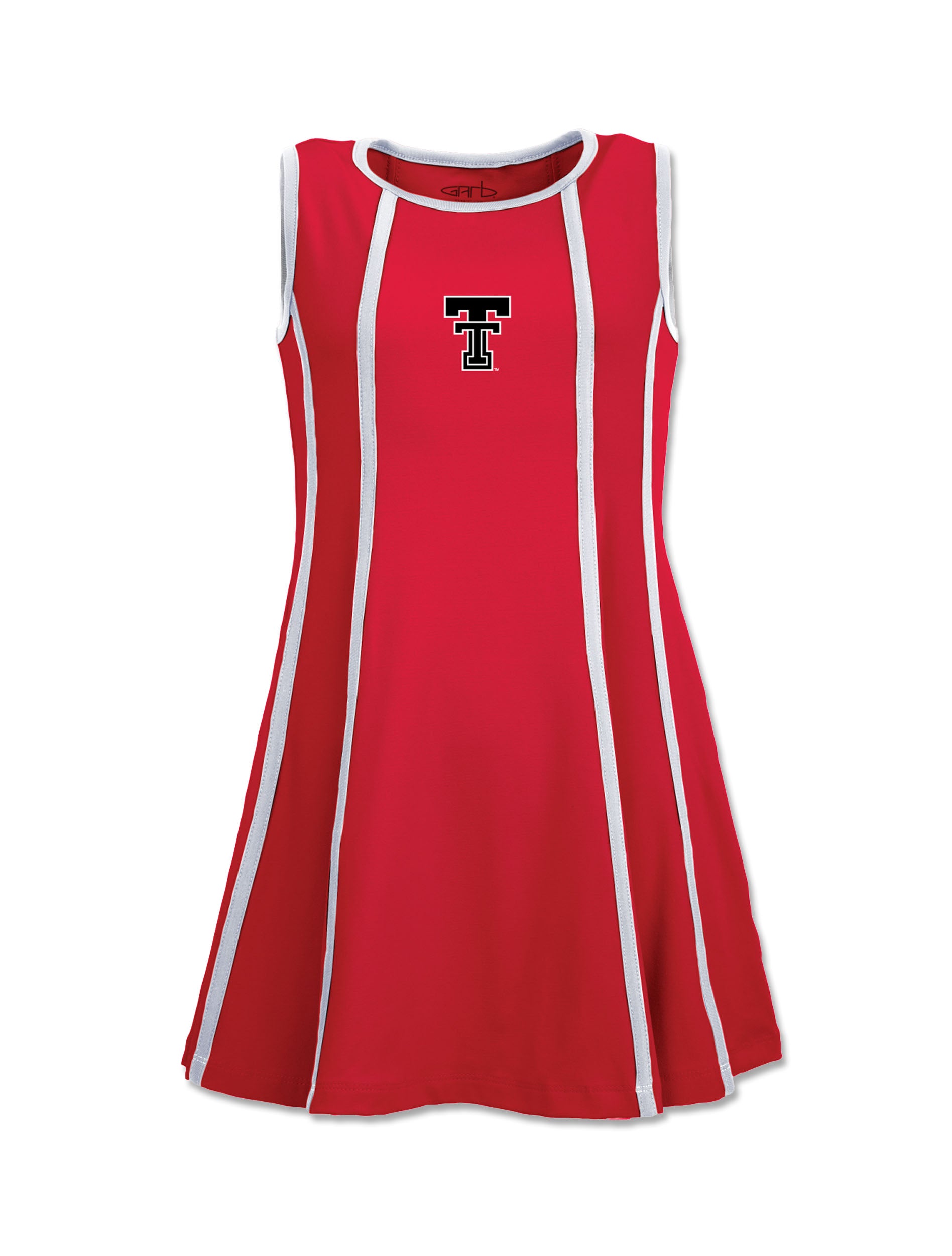 Garb Texas Tech youth dress in red, sleeveless A line with white piping down the front seams and a Double T at the center chest