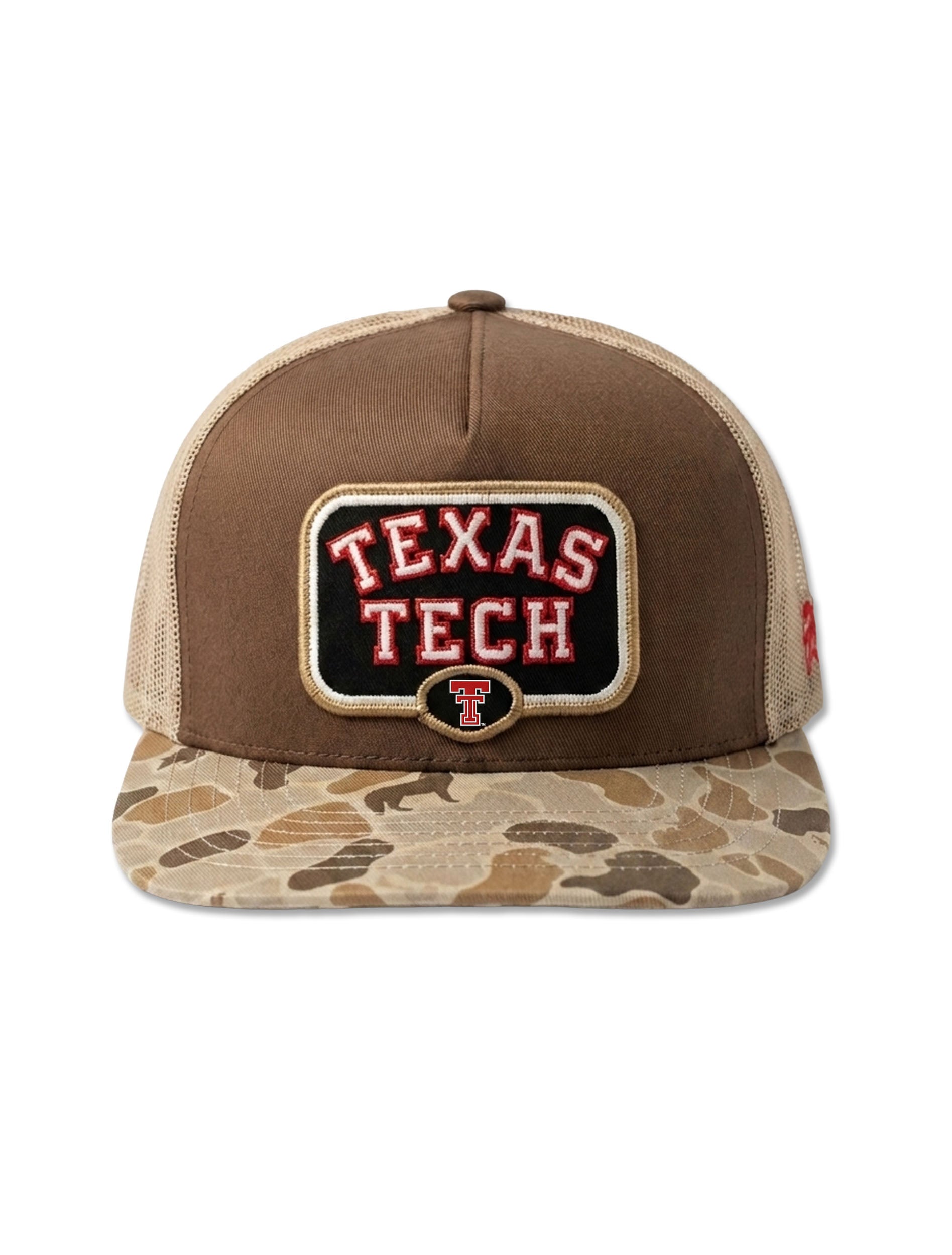 Hooey Texas Tech two-tone brown and tan snapback cap with a duck-camo bill and an embroidered Texas Tech over Double T patch on the front