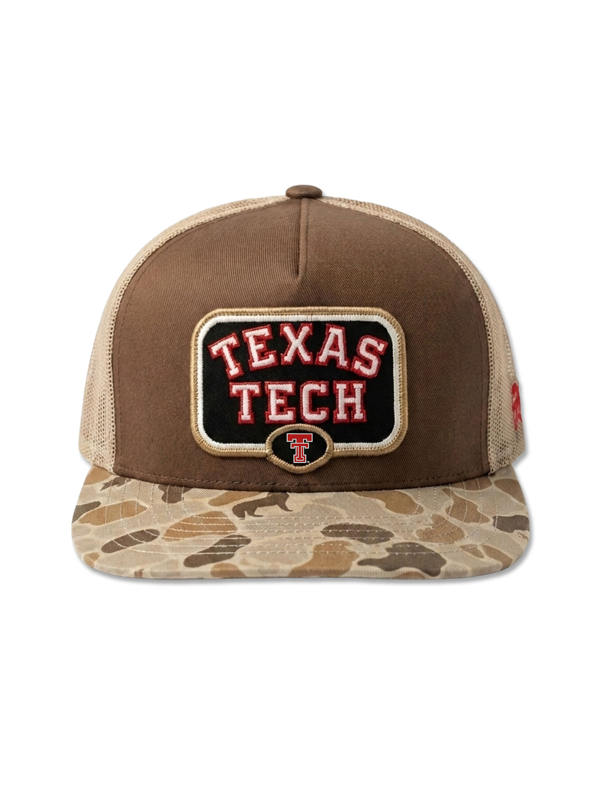Hooey Texas Tech two-tone brown and tan snapback cap with a duck-camo bill and an embroidered Texas Tech over Double T patch on the front