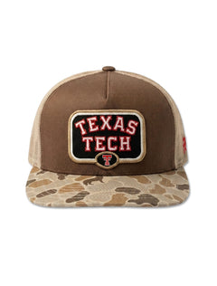 Hooey Texas Tech two-tone brown and tan snapback cap with a duck-camo bill and an embroidered Texas Tech over Double T patch on the front