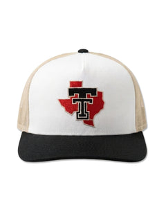 Hooey Texas Tech cream, tan, and black snapback cap with an embroidered Double T over a red state-of-Texas outline on the front