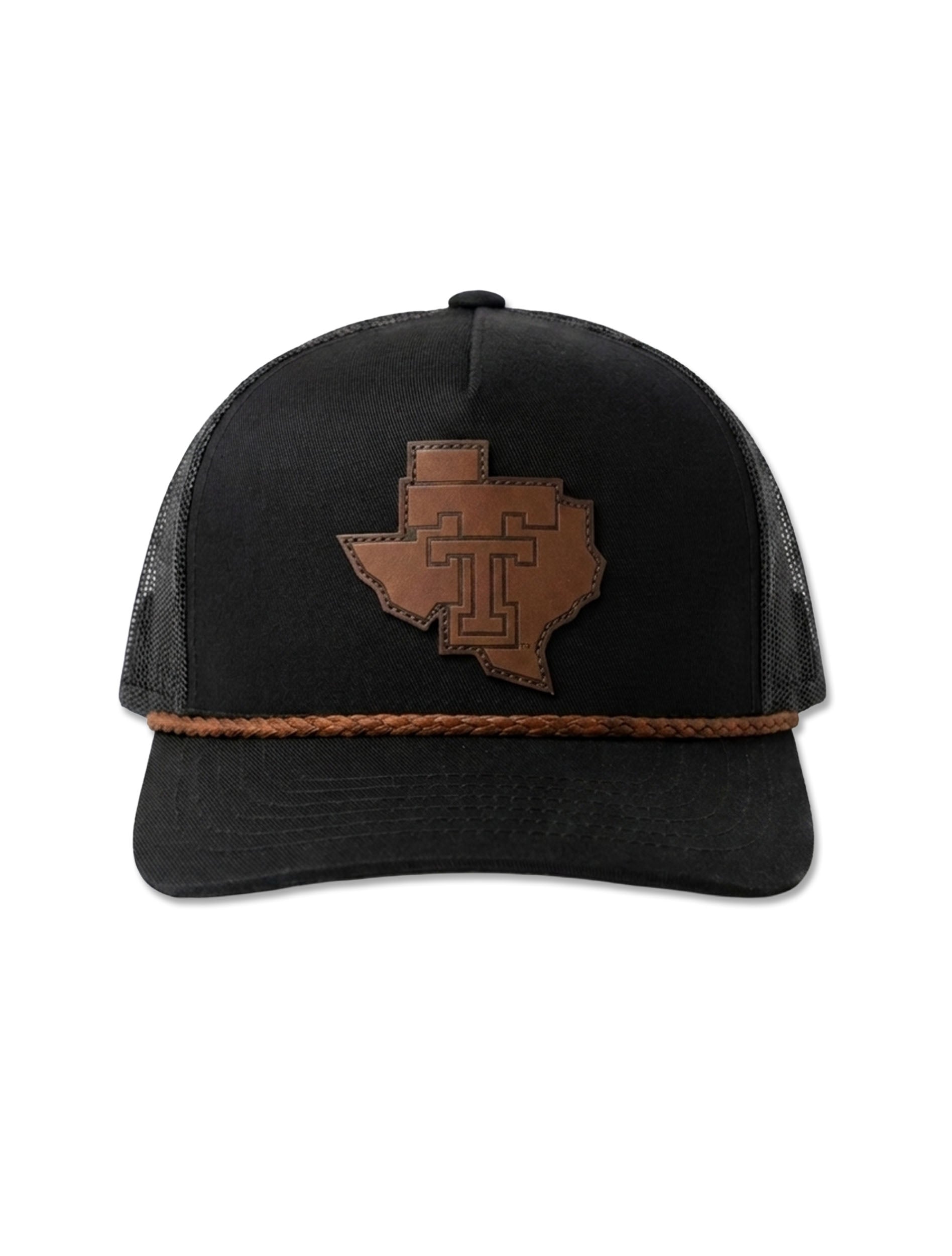 Hooey Texas Tech black rope snapback cap with a brown Texas-shaped leather patch tooled with the Double T and a braided rope front