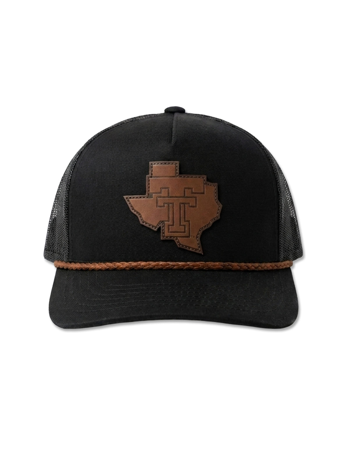 Hooey Texas Tech black rope snapback cap with a brown Texas-shaped leather patch tooled with the Double T and a braided rope front