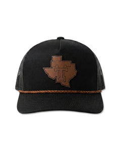 Hooey Texas Tech black rope snapback cap with a brown Texas-shaped leather patch tooled with the Double T and a braided rope front