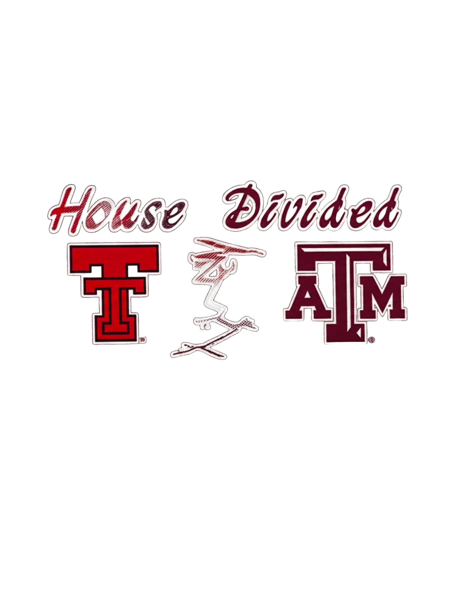 Texas Tech and Texas A&M House Divided decal with the scarlet Double T and maroon ATM logo split by a shattered-glass break
