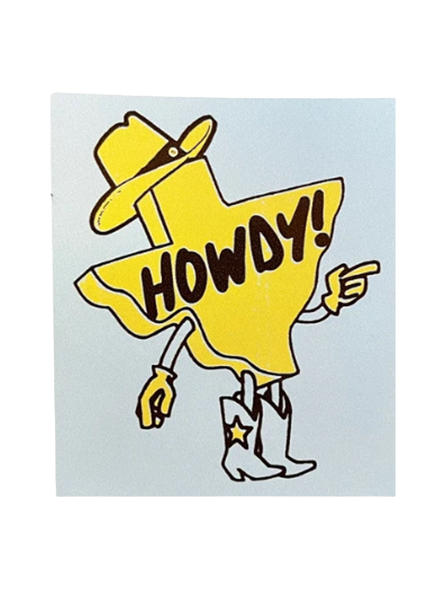 Yellow vinyl sticker of the state of Texas drawn as a cowboy with a hat and boots reading "HOWDY!"