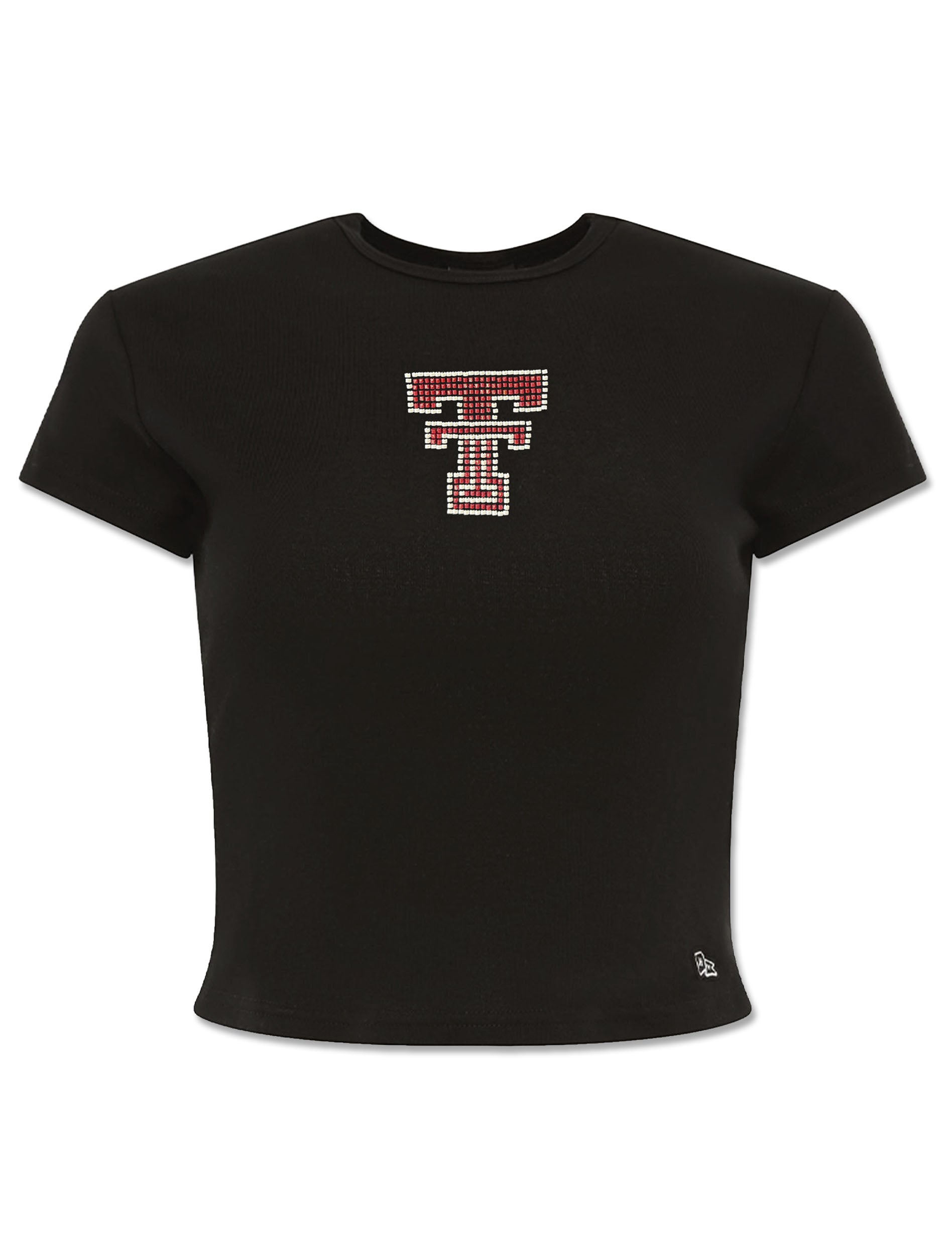 Black fitted baby tee with a red and clear beaded Double T centered on the chest