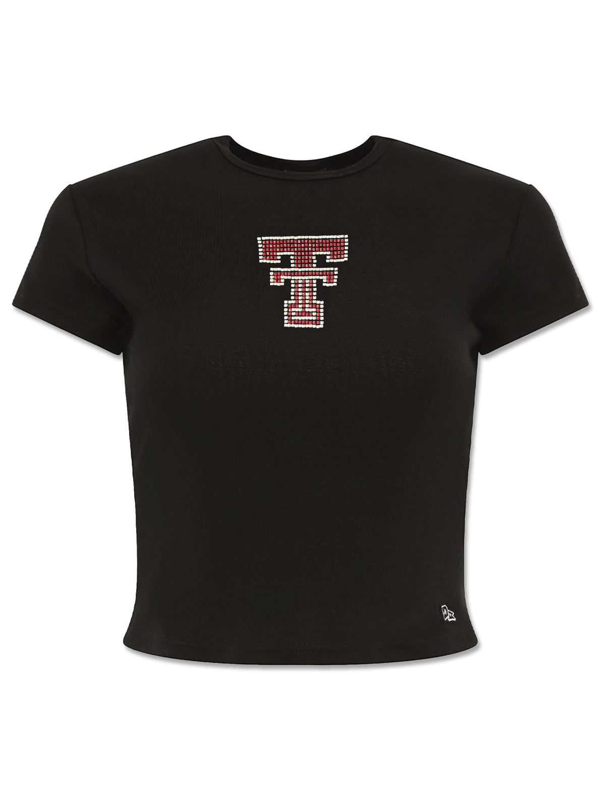 Black fitted baby tee with a red and clear beaded Double T centered on the chest