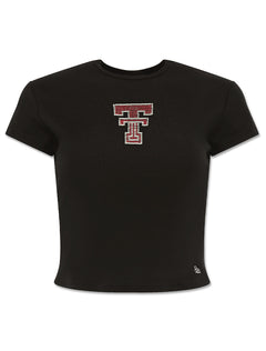 Black fitted baby tee with a red and clear beaded Double T centered on the chest