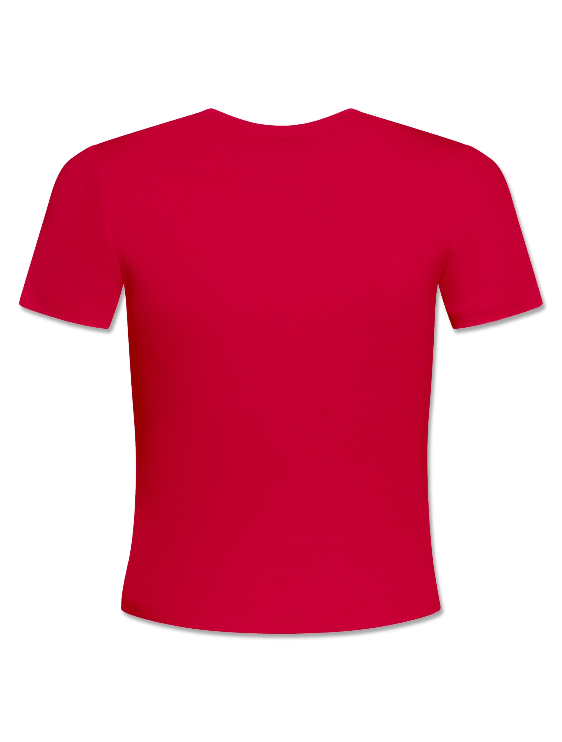Back view of the red fitted jersey tee, plain with no graphic