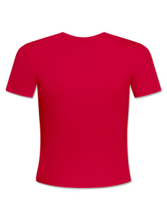 Back view of the red fitted jersey tee, plain with no graphic