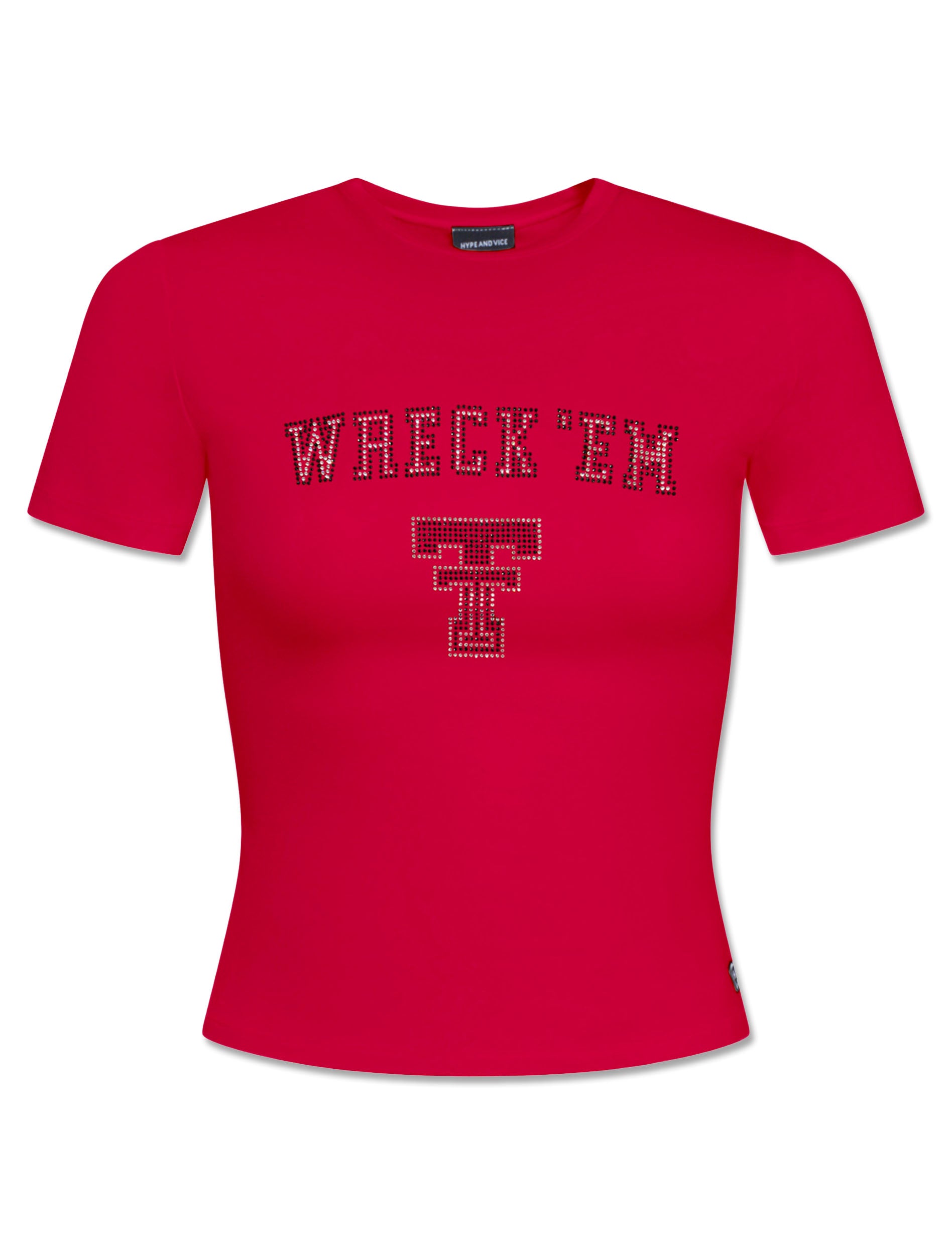 Red fitted jersey tee with WRECK EM arched in rhinestones above a rhinestone Double T
