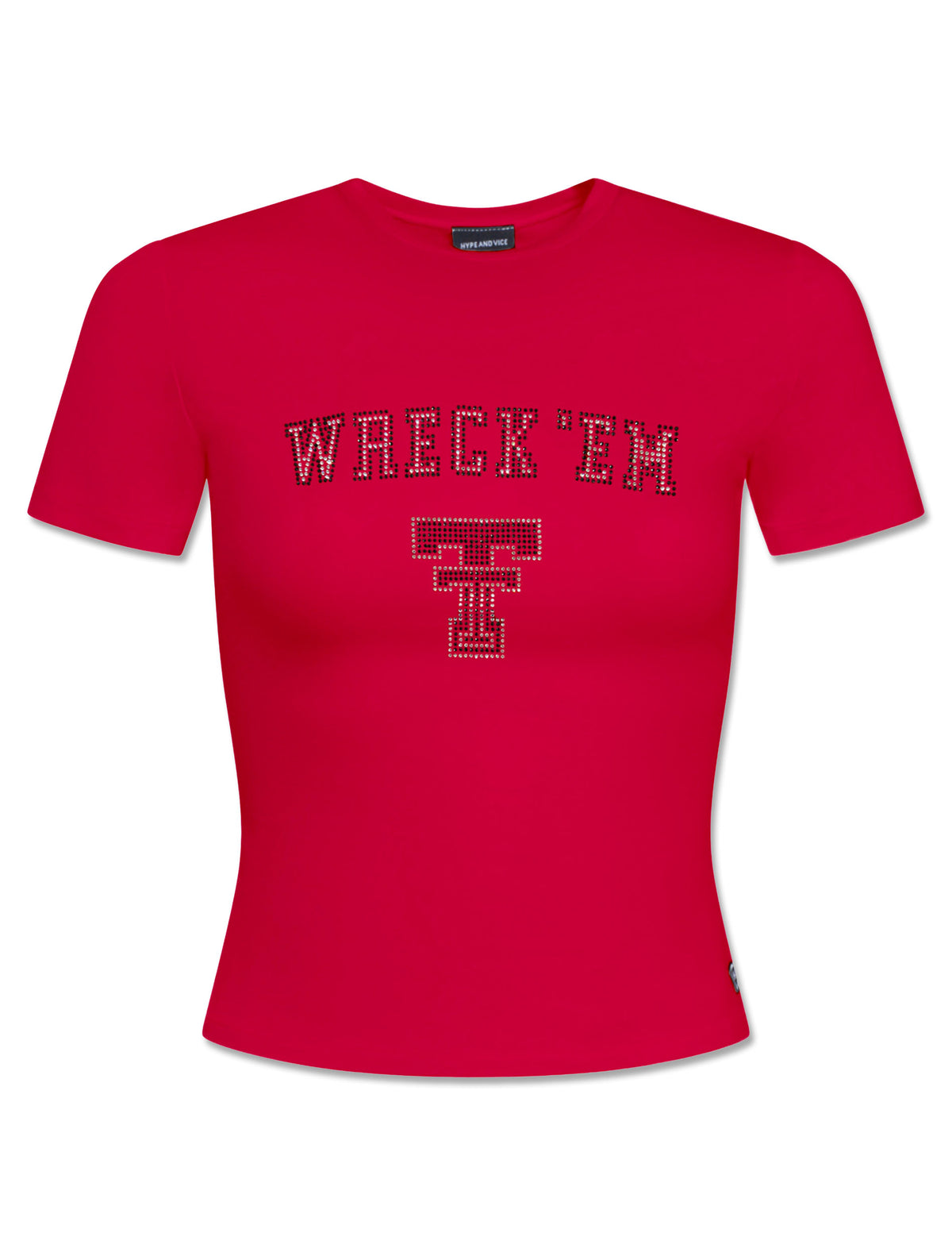 Red fitted jersey tee with WRECK EM arched in rhinestones above a rhinestone Double T