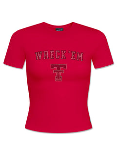 Red fitted jersey tee with WRECK EM arched in rhinestones above a rhinestone Double T